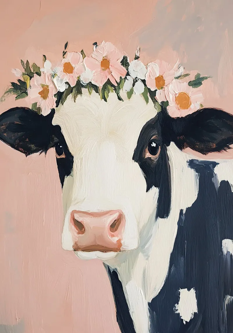 Mucca Rosa Fiore Crop Olio pastello tela da Euphoria Theresa