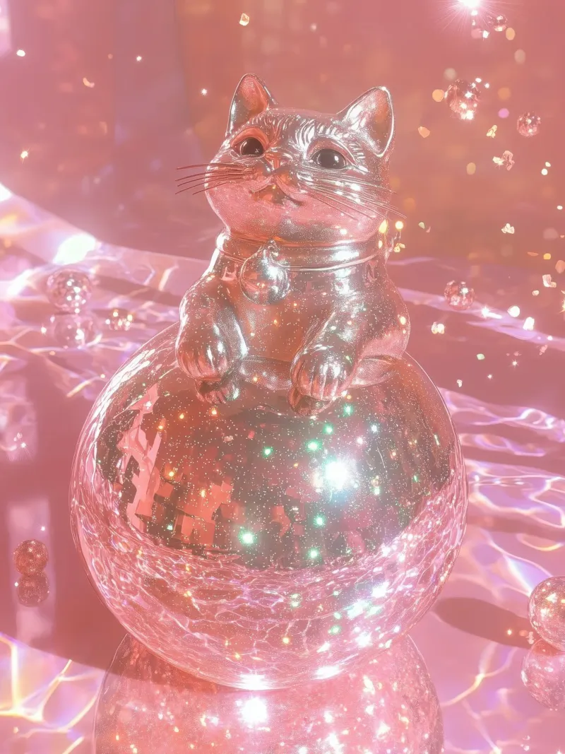 Gatto della fortuna rosa con palla da discoteca: Giapponese Kawaii Preppy poster con telaio in alluminio da Gentle Echoes Art