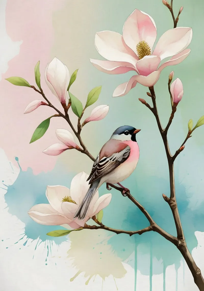 Pittura digitale di Fringuello e Magnolia alluminio dibond da Bloom And Brush