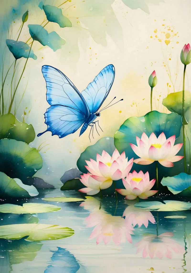 Pittura digitale di farfalla e ninfee rosa carta hahnemühle da Bloom And Brush