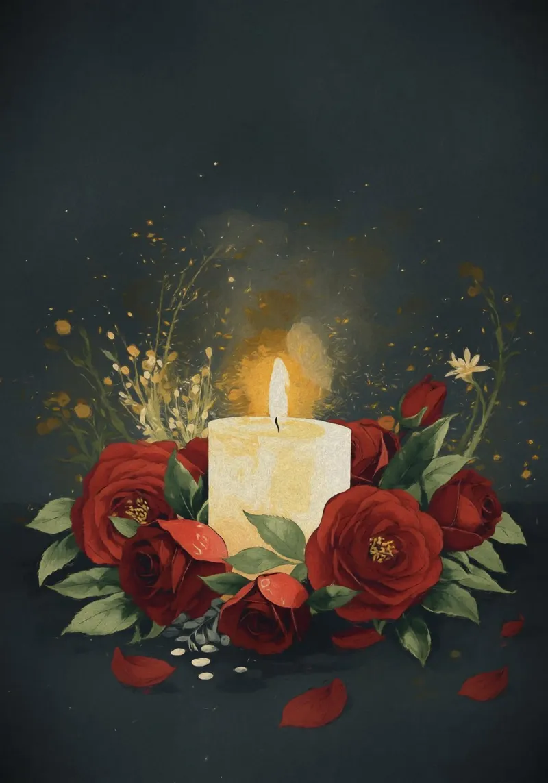 Pittura digitale di rose rosse e candele bianche alluminio dibond da Bloom And Brush