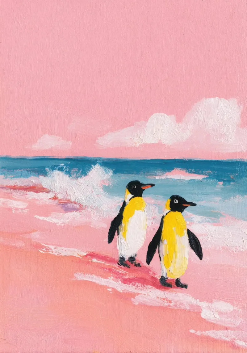 Pinguino minimalista sulla spiaggia rosa pellicola backlit da Nikis Art Studio