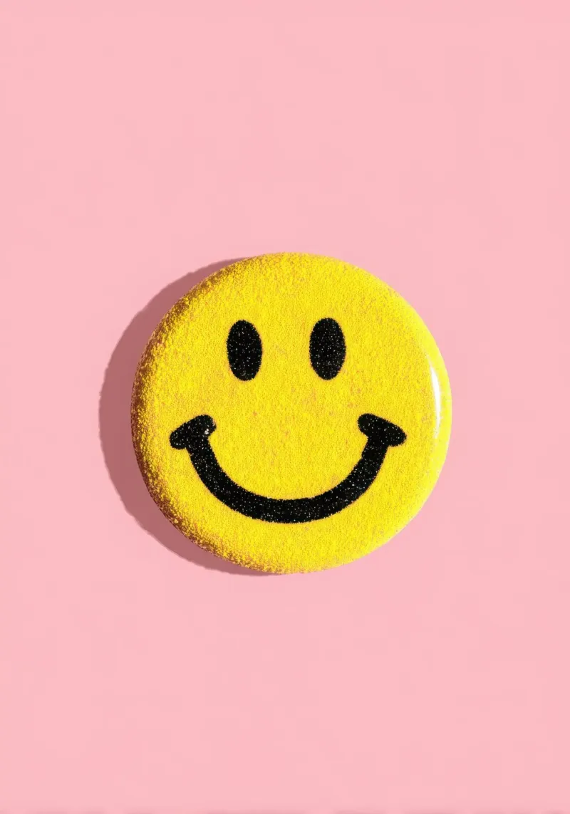 Smiley jaune Dopamine Button Flat Lay panneau forex de Nikis Art Studio