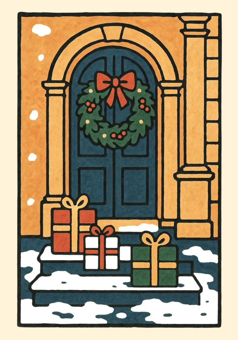 Illustrazione di una porta di Natale e di regali di Natale retrò e di una ghirlanda poster da postaprinta