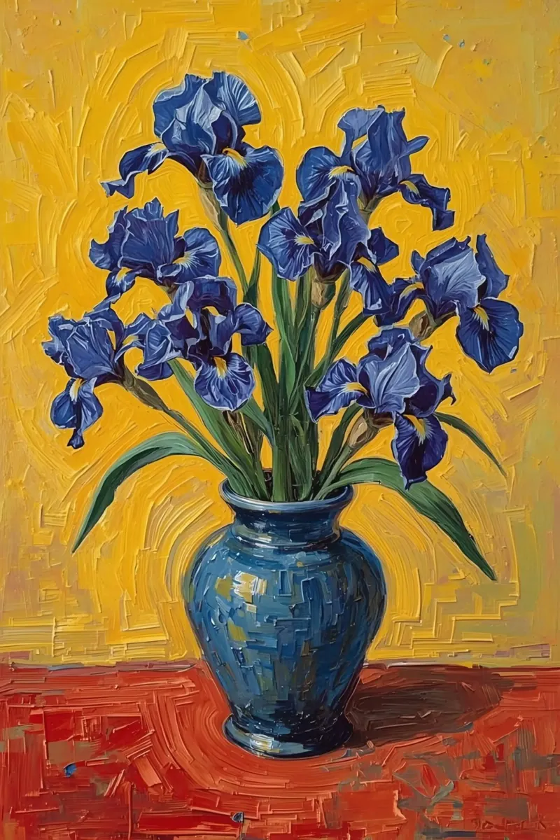 Blaue Schwertlilien in blauer Vase auf roter Oberfläche Hahnemühle von DesignDoodle
