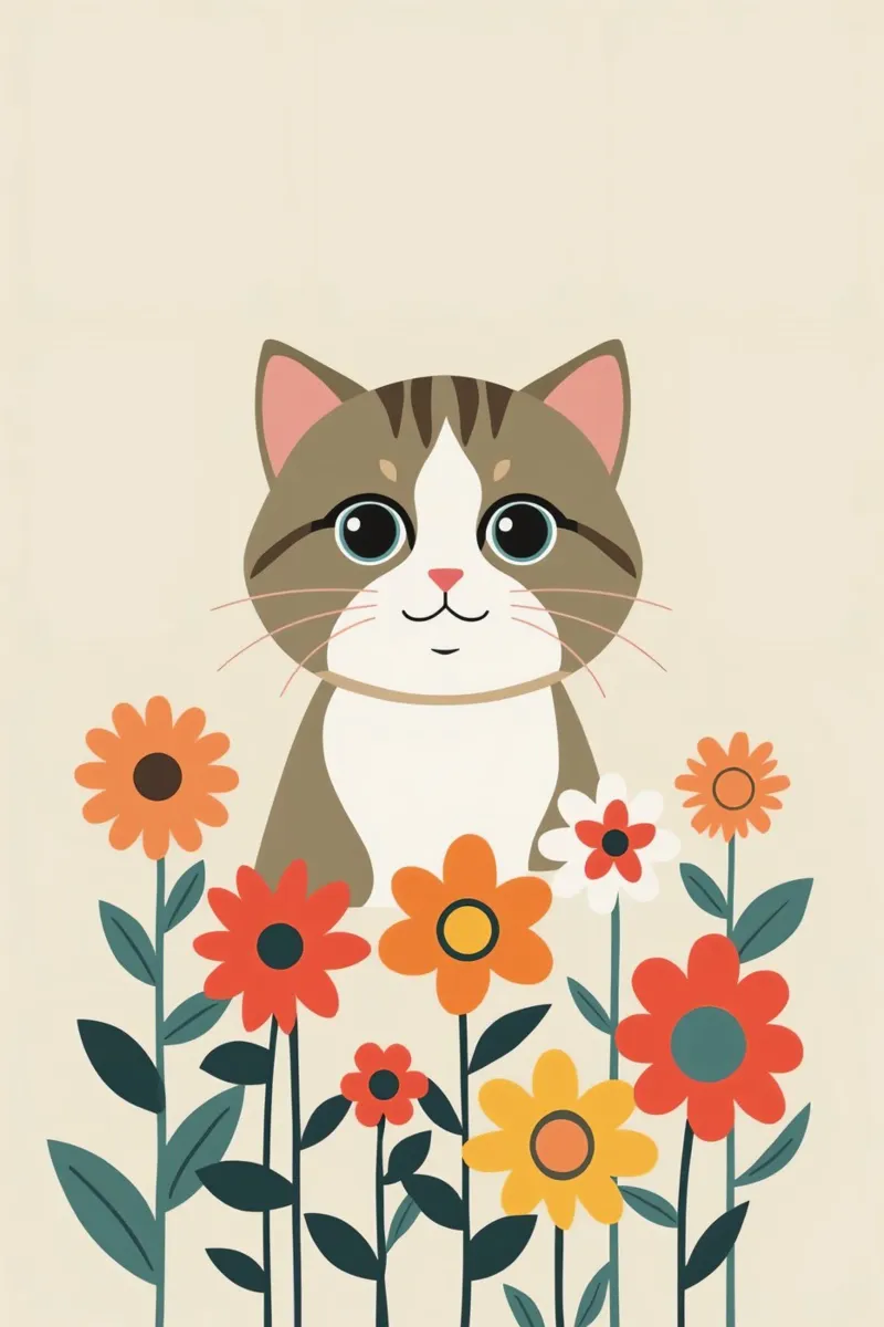 Gatto felice dei cartoni animati con fiori carta hahnemühle da DesignDoodle
