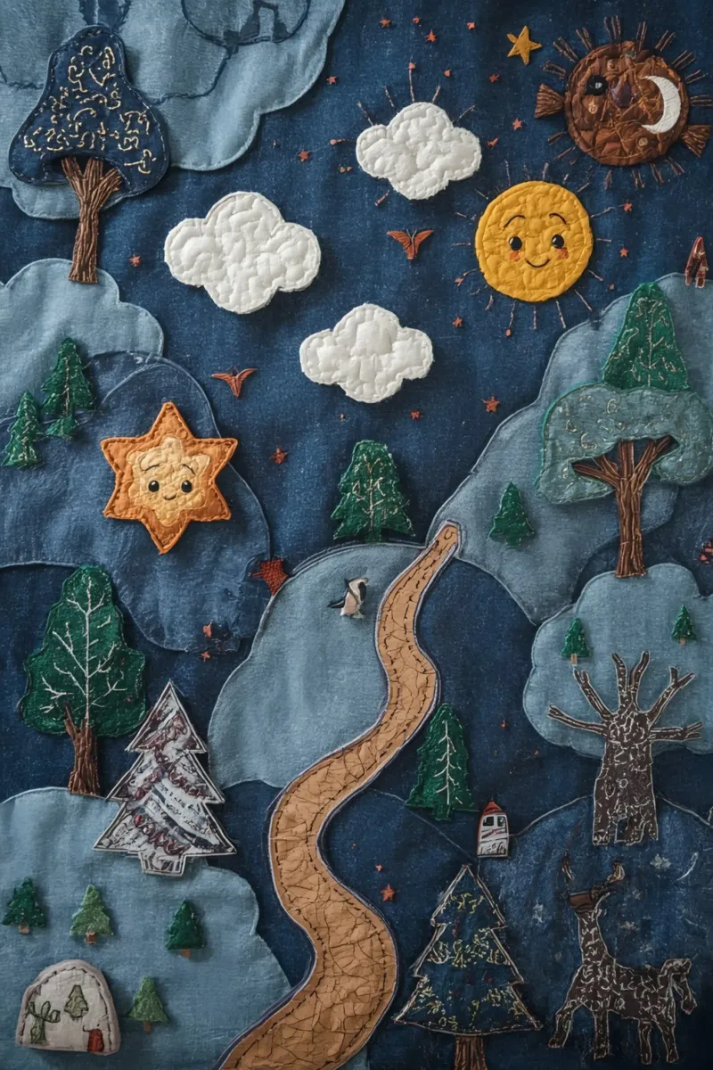 Paesaggio in collage di stoffa con elementi celesti e animali tela da DesignDoodle