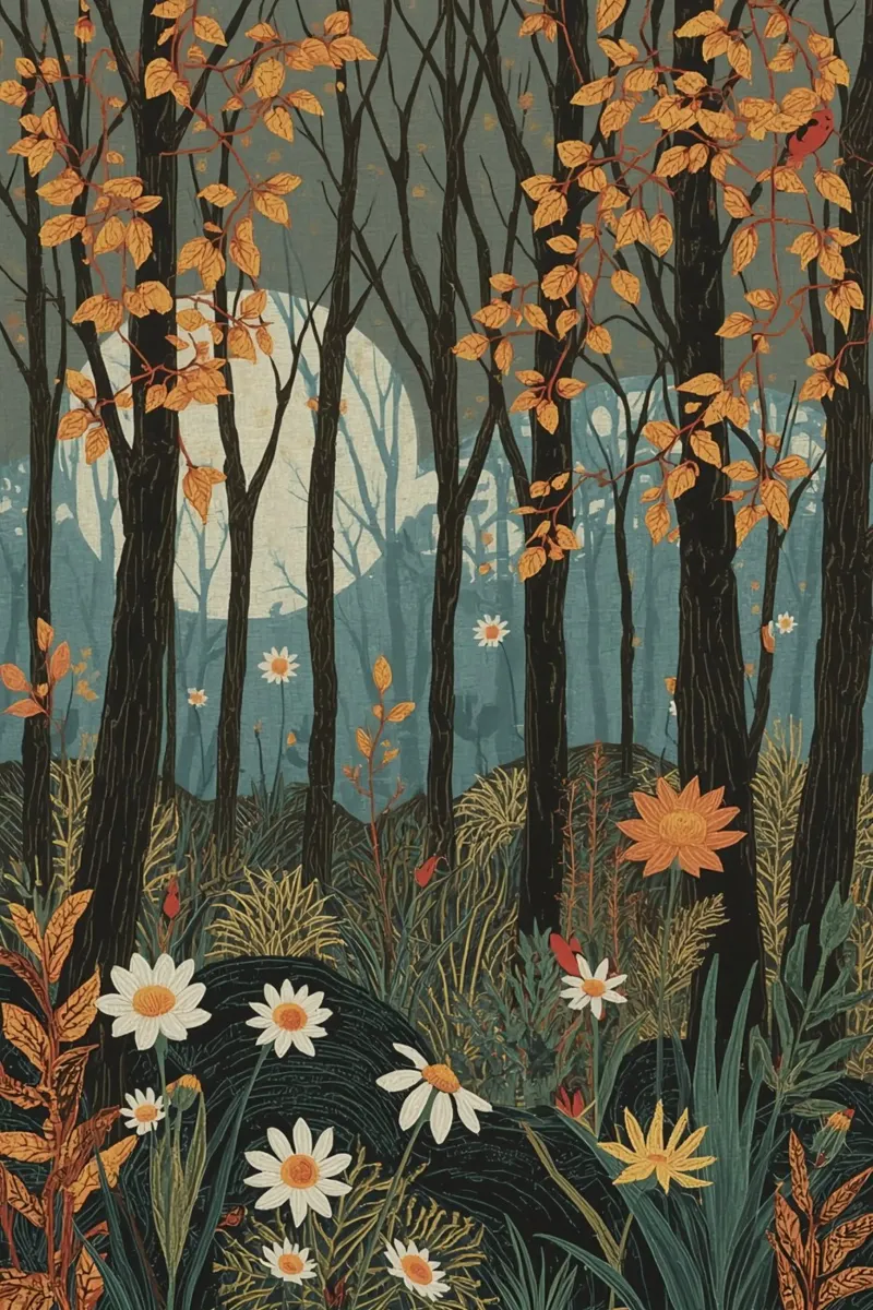 Scena di foresta con alberi, luna e fiori carta hahnemühle da DesignDoodle