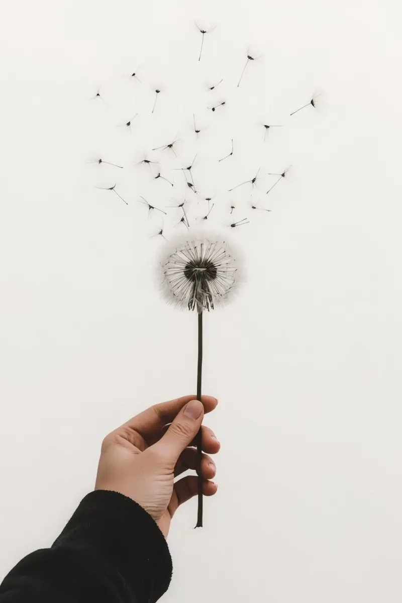Mano que sostiene un diente de león con semillas voladoras hahnemühle de DesignDoodle