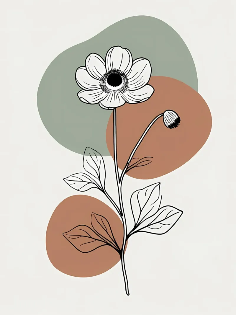 Line art minimalista di un singolo fiore di anemone alluminio dibond da Bloom And Brush