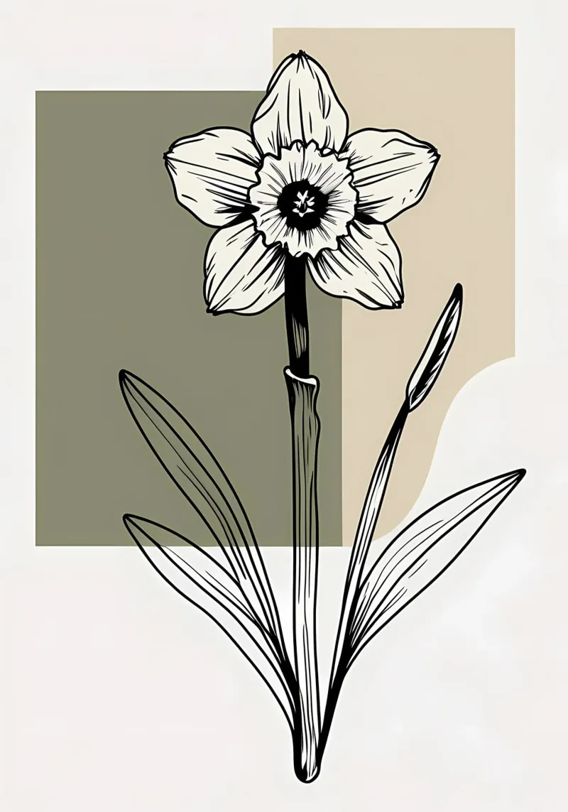 Line art minimalista di un singolo fiore di narciso alluminio dibond da Bloom And Brush