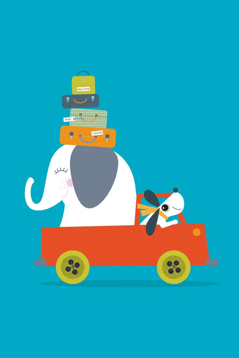 Avventura in viaggio - Illustrazione giocosa di un elefante e di un cane poster da JaySan Studio