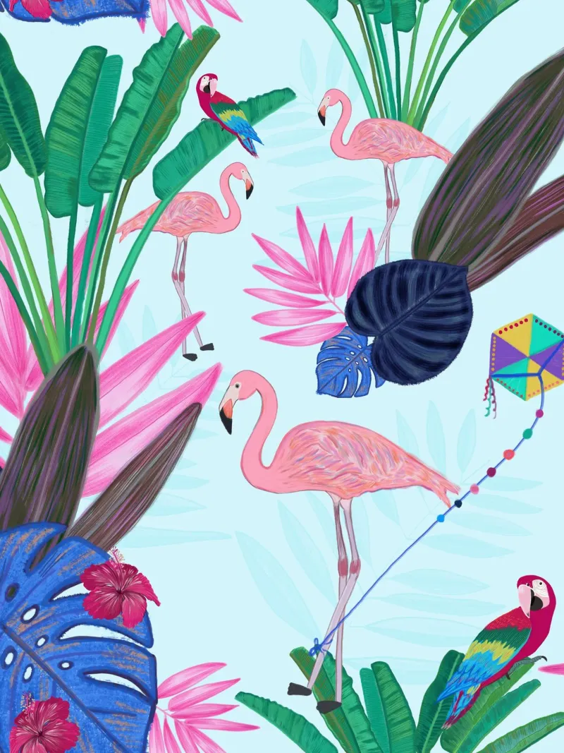 Flamingo with kite and banana tree summer time canvas by gulsengunel