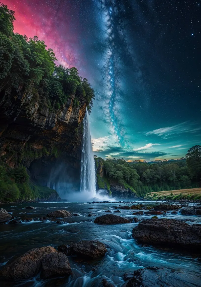 Wunderschöner Wasserfall unter einem Sternenhimmel Hahnemühle von LM2KONE