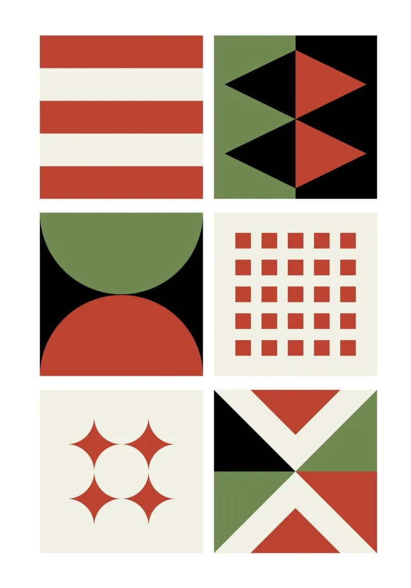 Bauhaus Geometric Pattern Grid | Red & Green Mid-Century Pri hahnemühle de Grungeo