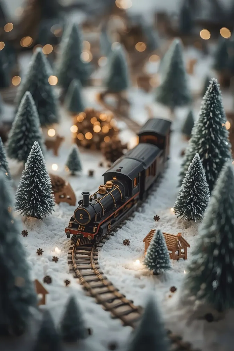 Treno in miniatura in un paesaggio innevato con alberi e luci tela da DesignDoodle
