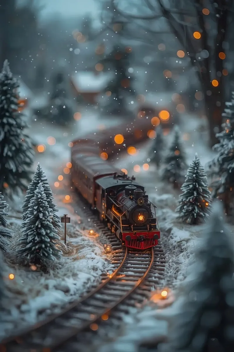 Train à vapeur miniature dans une forêt d'hiver avec des lumières bokeh alu dibond de DesignDoodle