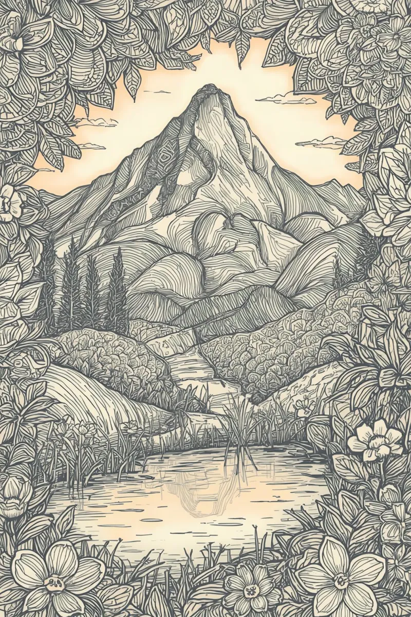 Paesaggio montano con laghetto e cornice floreale plexiglass da DesignDoodle