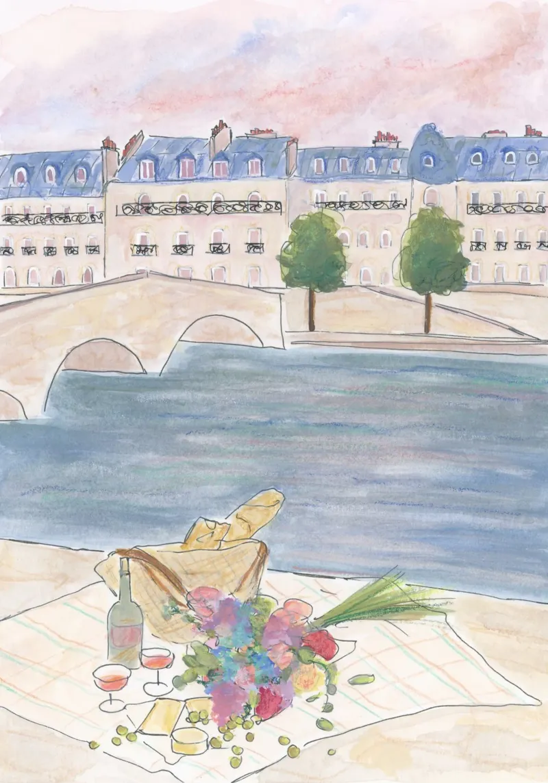 Picknick an der Seine Leinwand mit Schattenfugenrahmen von Katharina Puritscher