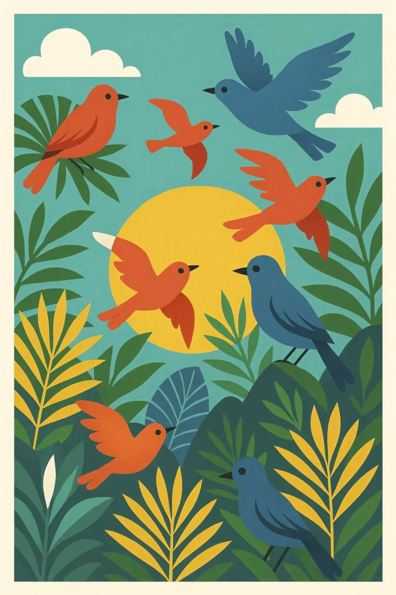 Poster con uccelli turchesi - Poster tropicale colorato e retrò pellicola backlit da JETLAG | affiches voyage