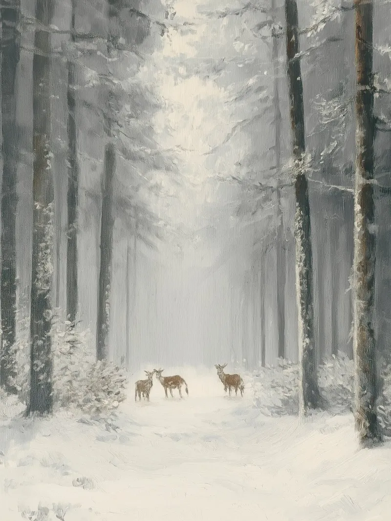 Foresta invernale con cervi nella neve pellicola backlit da Cozy Vibes