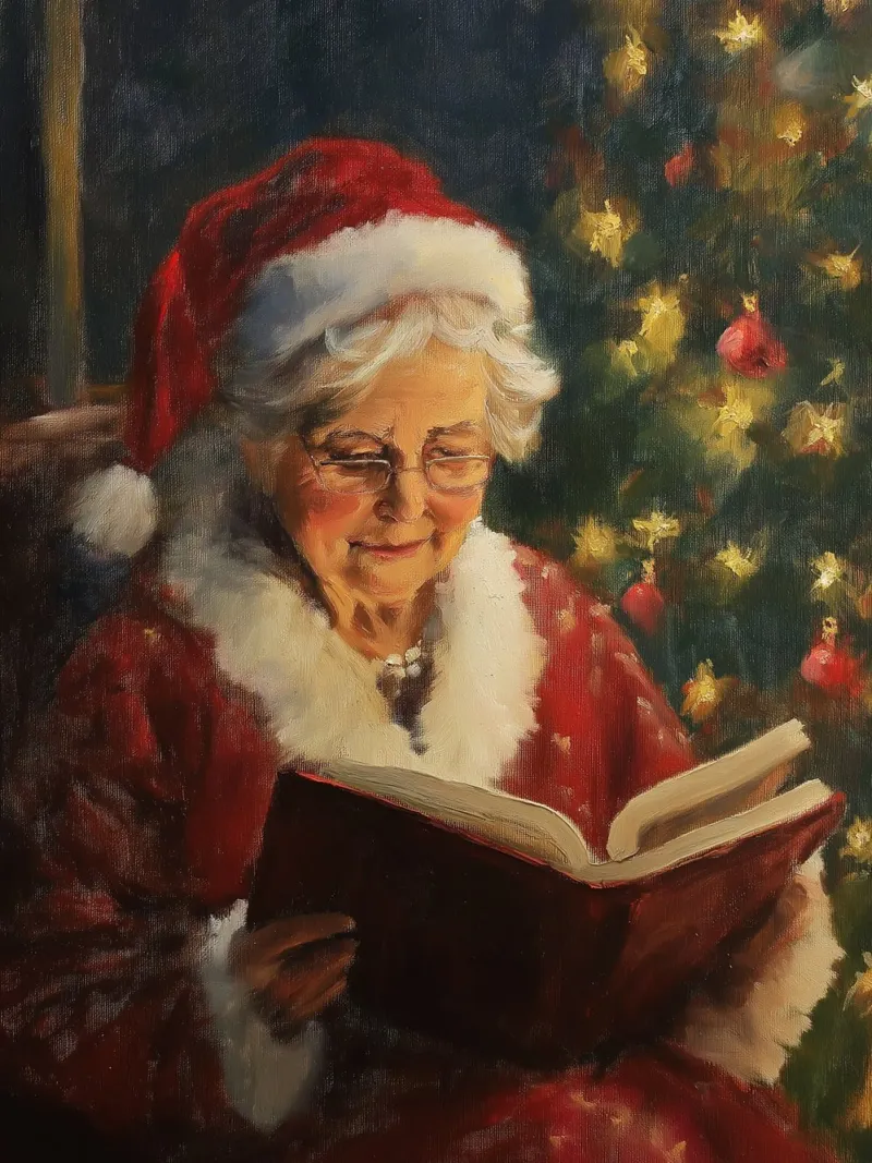 La signora Babbo Natale legge un libro davanti a un albero di Natale in festa pellicola backlit da Cozy Vibes