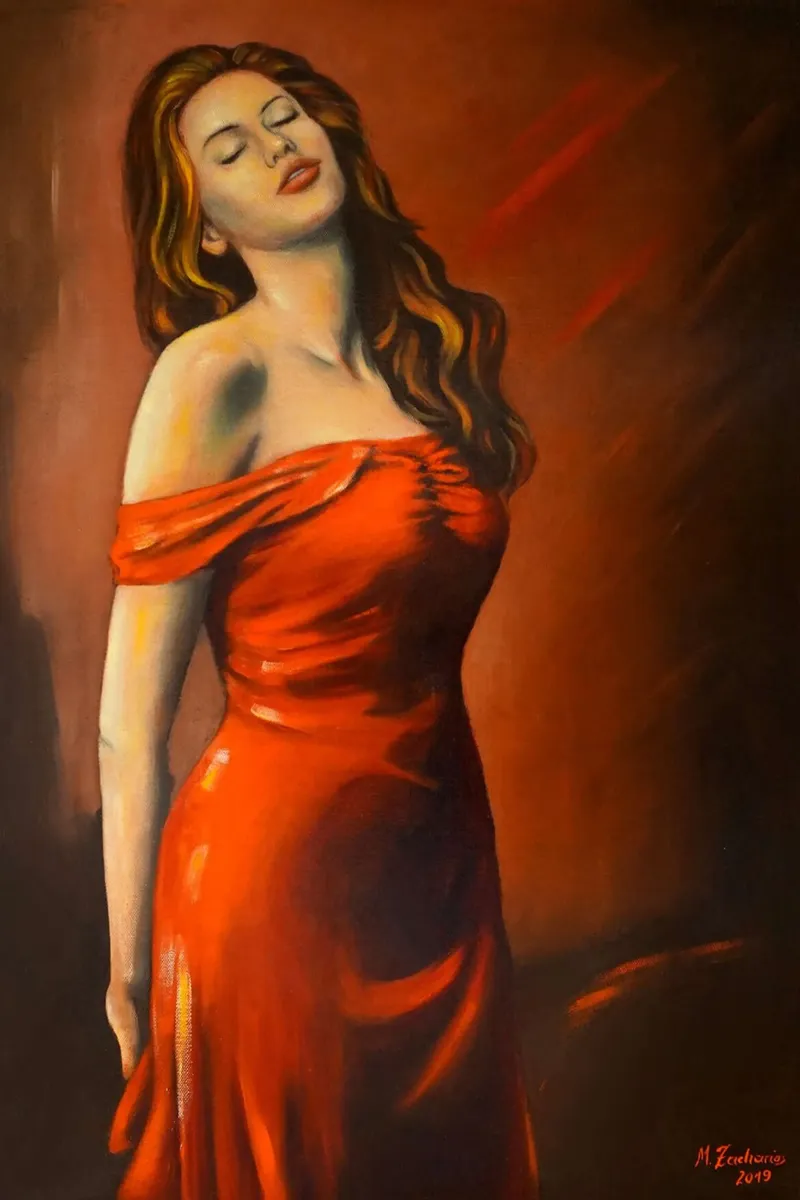 Signora in abito rosso pellicola backlit da Oliver