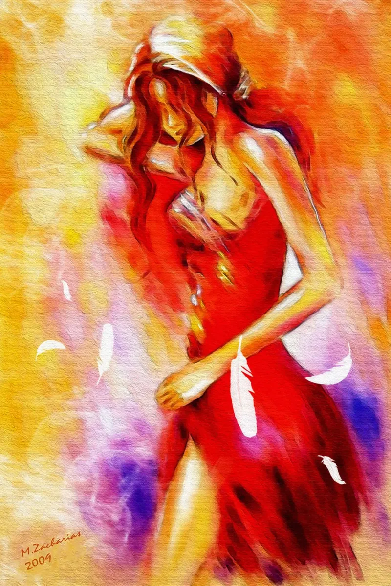 Donna in abito rosso pellicola backlit da Oliver