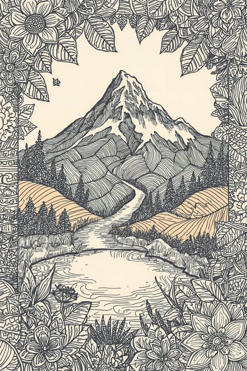 Paesaggio montano con fiume e bordo floreale pellicola backlit da DesignDoodle