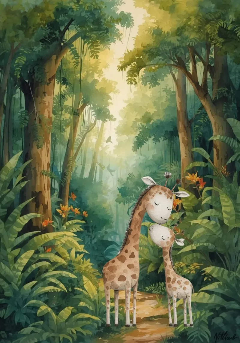 Vredige giraffen in regenwoudpad canvas van Doodle Dreams Art