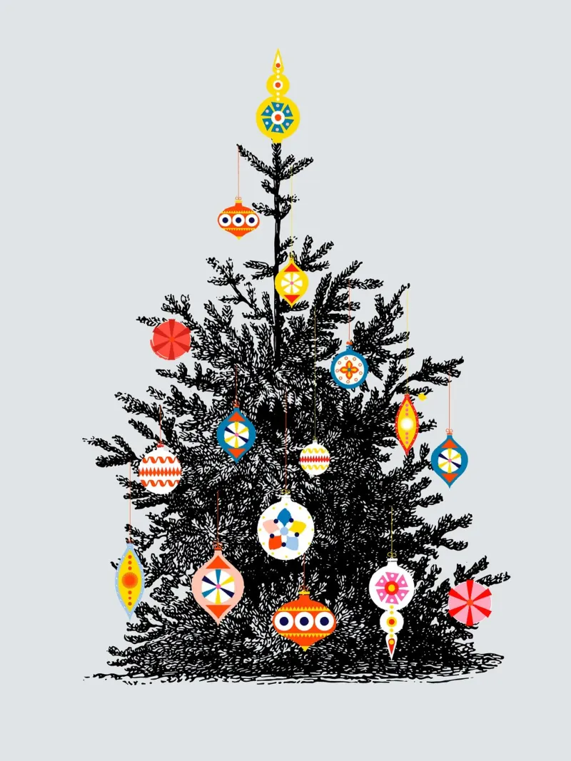 Retro Christmas Tree With Colorful Ornaments pannello forex da showmemars
