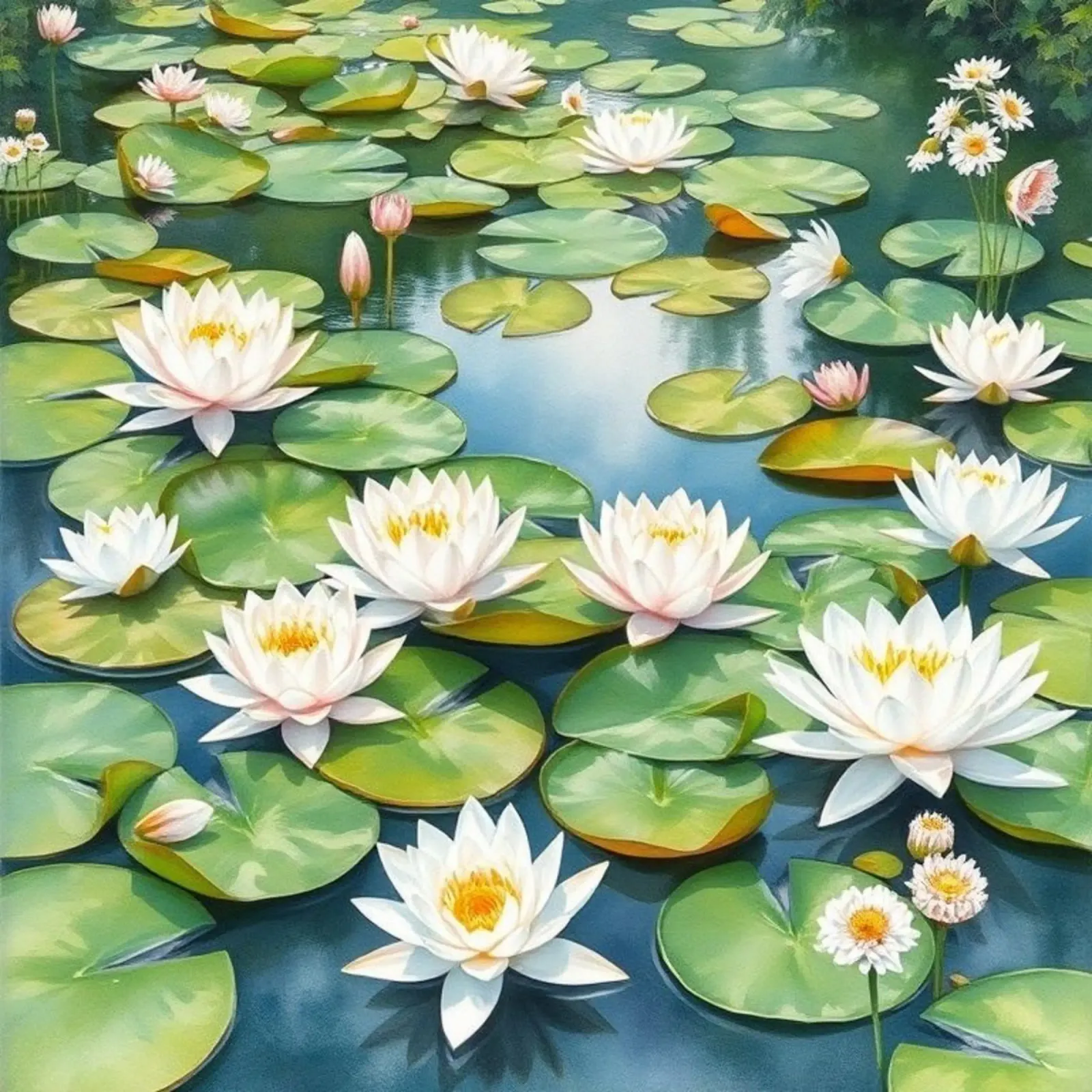 Sereno stagno di ninfee: Un'oasi scintillante di bianco e oro carta hahnemühle da Artistic-shop