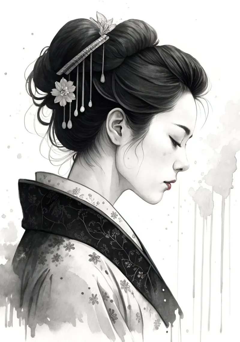 Acquerello monocromatico del profilo di una geisha | Ispirazione giapponese alluminio dibond da Monochromatic Drips
