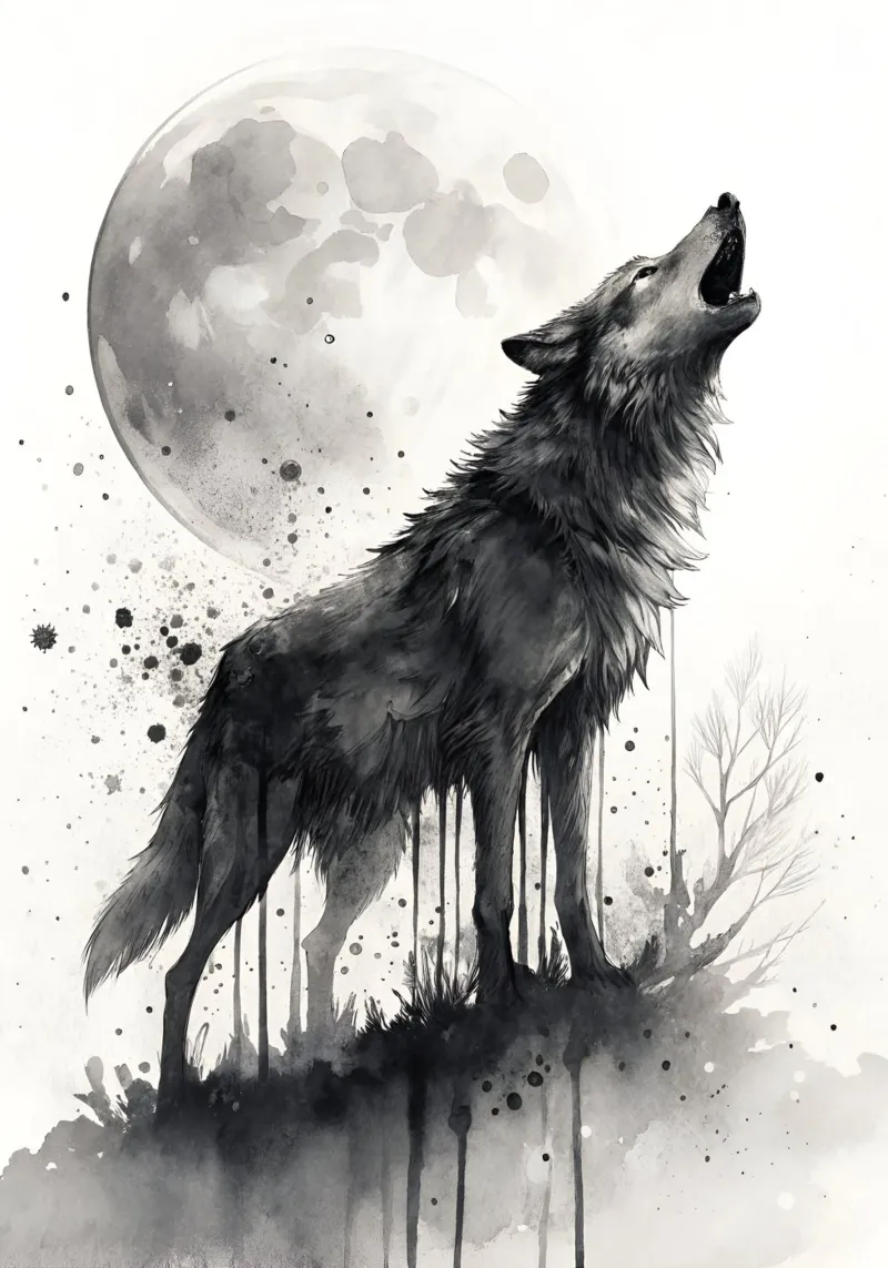 Lone Wolf Howling at Moon Watercolor Print | Monochromatic carta hahnemühle da Monochromatic Drips