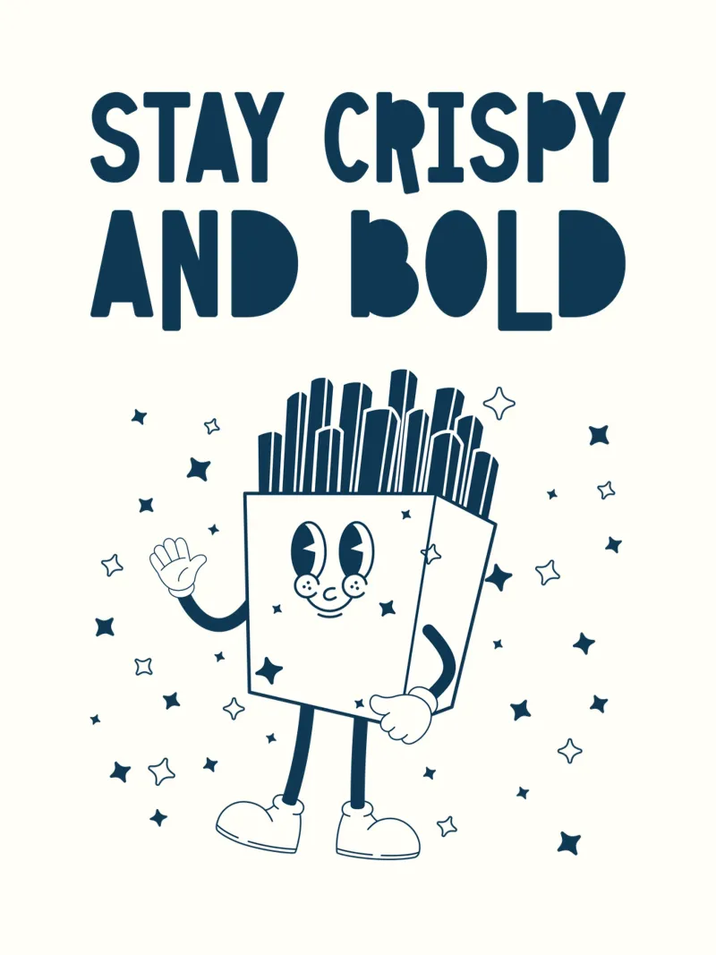 Retro Pommes Charakter Stay Crispy And Bold Blau Weiß Alu-Dibond von Studio Frances M