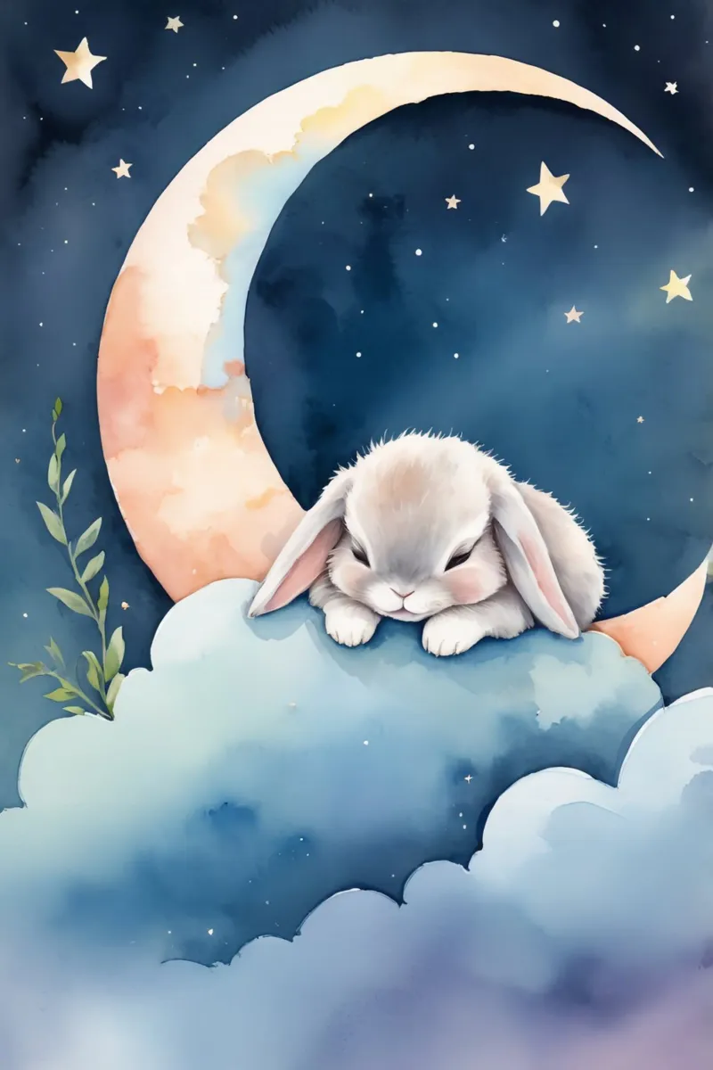 Coniglio che dorme su una nuvola con luna crescente e stelle tela da DesignDoodle