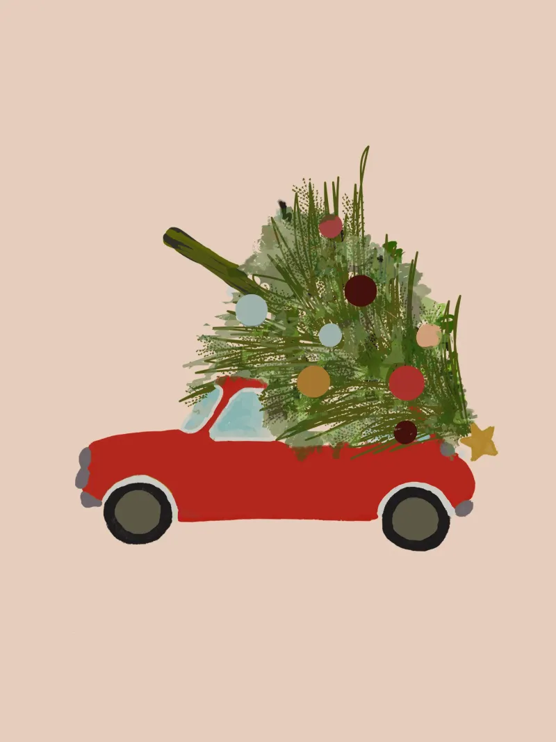 Auto natalizia retrò con albero di Natale sul tetto Rosso carta hahnemühle da Alisa Knöß