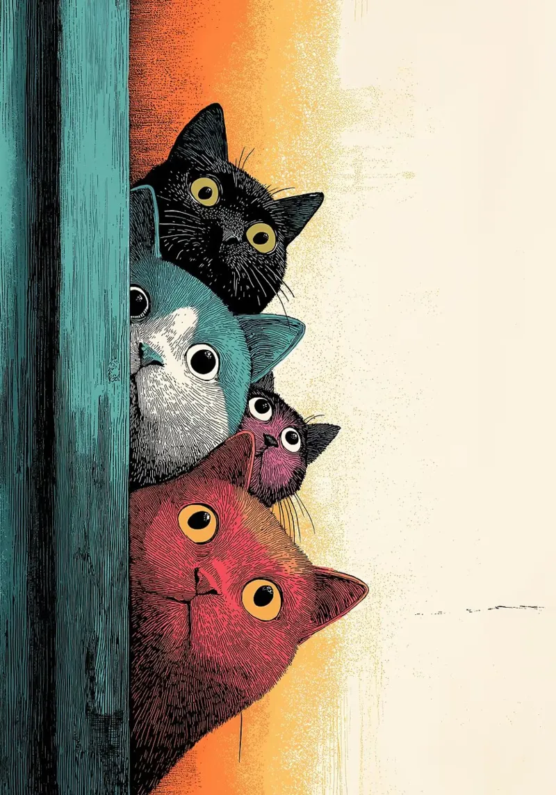 Curious Cat Parade_ Felini che sbirciano in colori vivaci pannello forex da HARU HARU