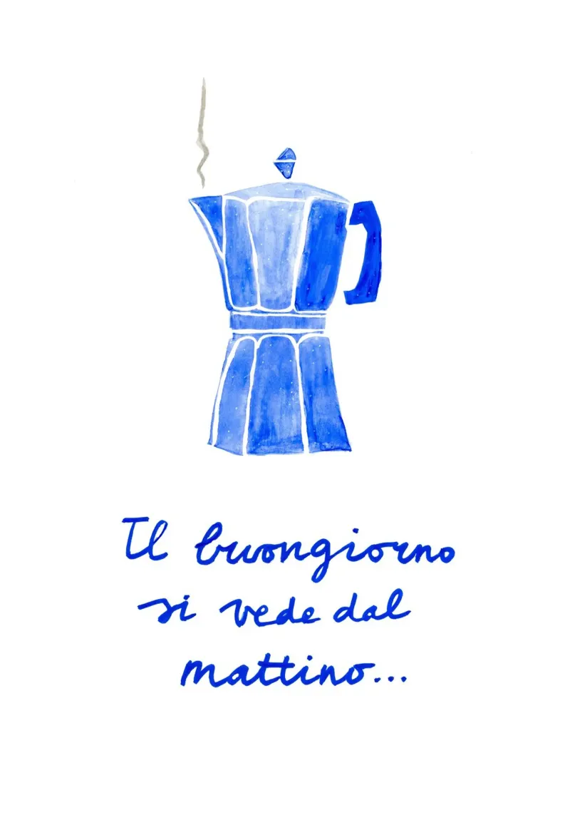 Blu navy Moka Pot Italia citazione goodmorning poster da Studio Patruschka