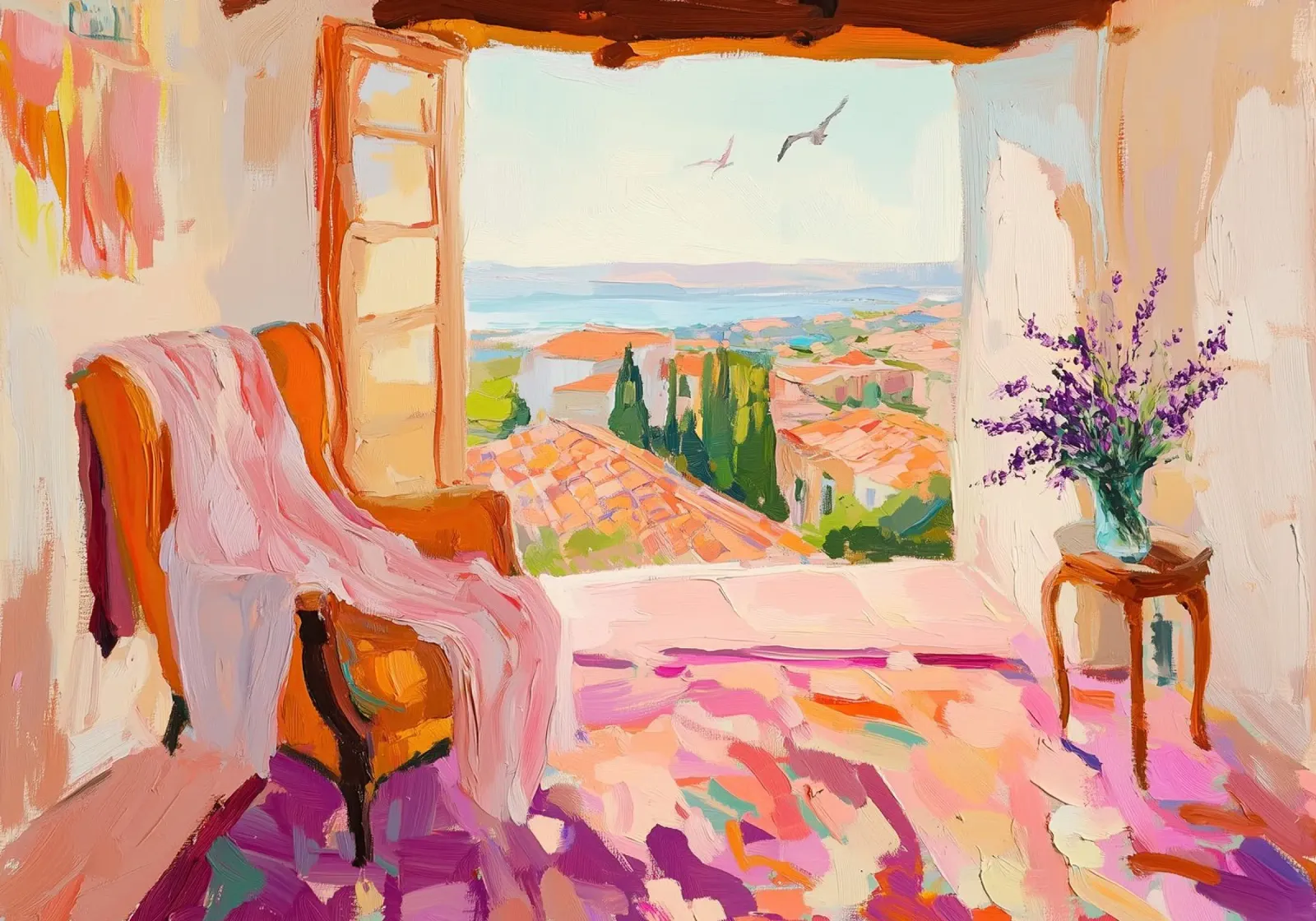 Impasto solare: camera color pesca e viola con vista sulla costa carta hahnemühle da dawnthesea