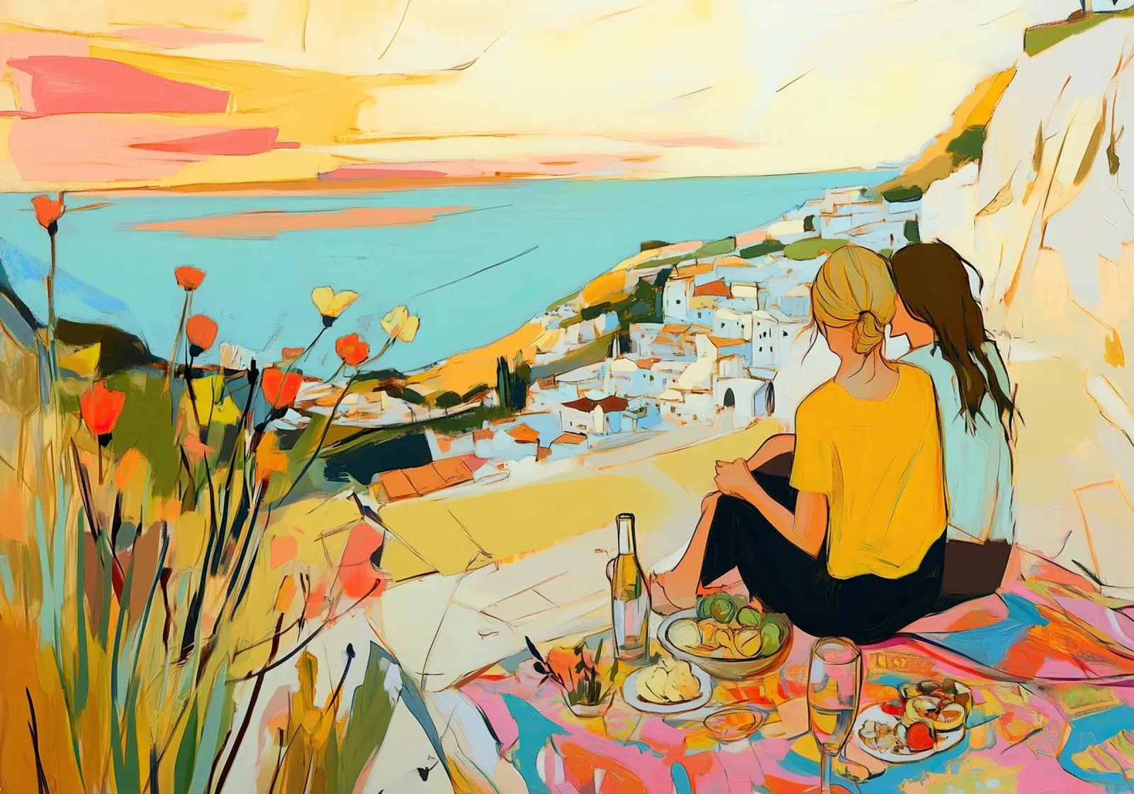 Zonsondergang Picknick Idylle: Boheems Kustgezicht Abstracte Kunst canvas van dawnthesea