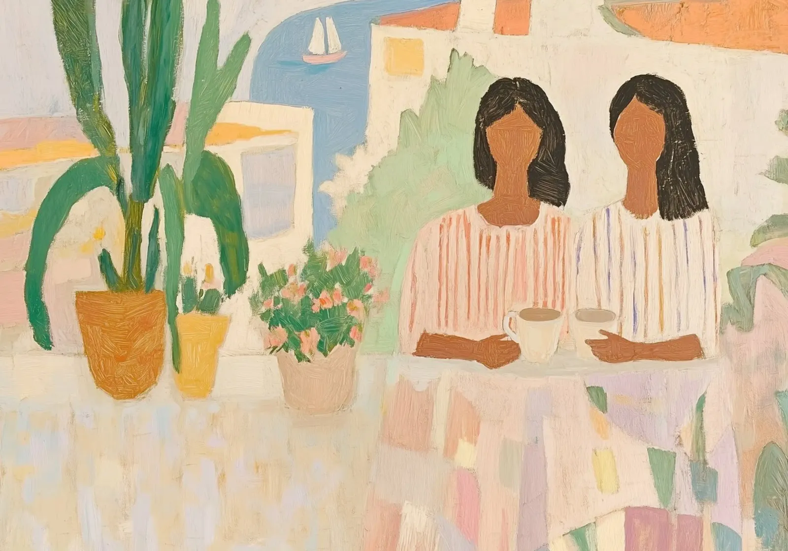 Conversation côtière : Boho minimaliste Deux femmes et un cactus hahnemühle de dawnthesea