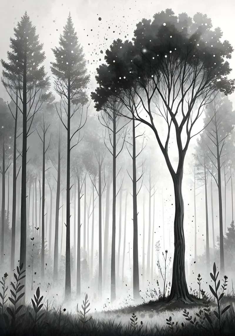 Stampa acquerello foresta monocromatica | Linea albero astratto carta hahnemühle da Monochromatic Drips