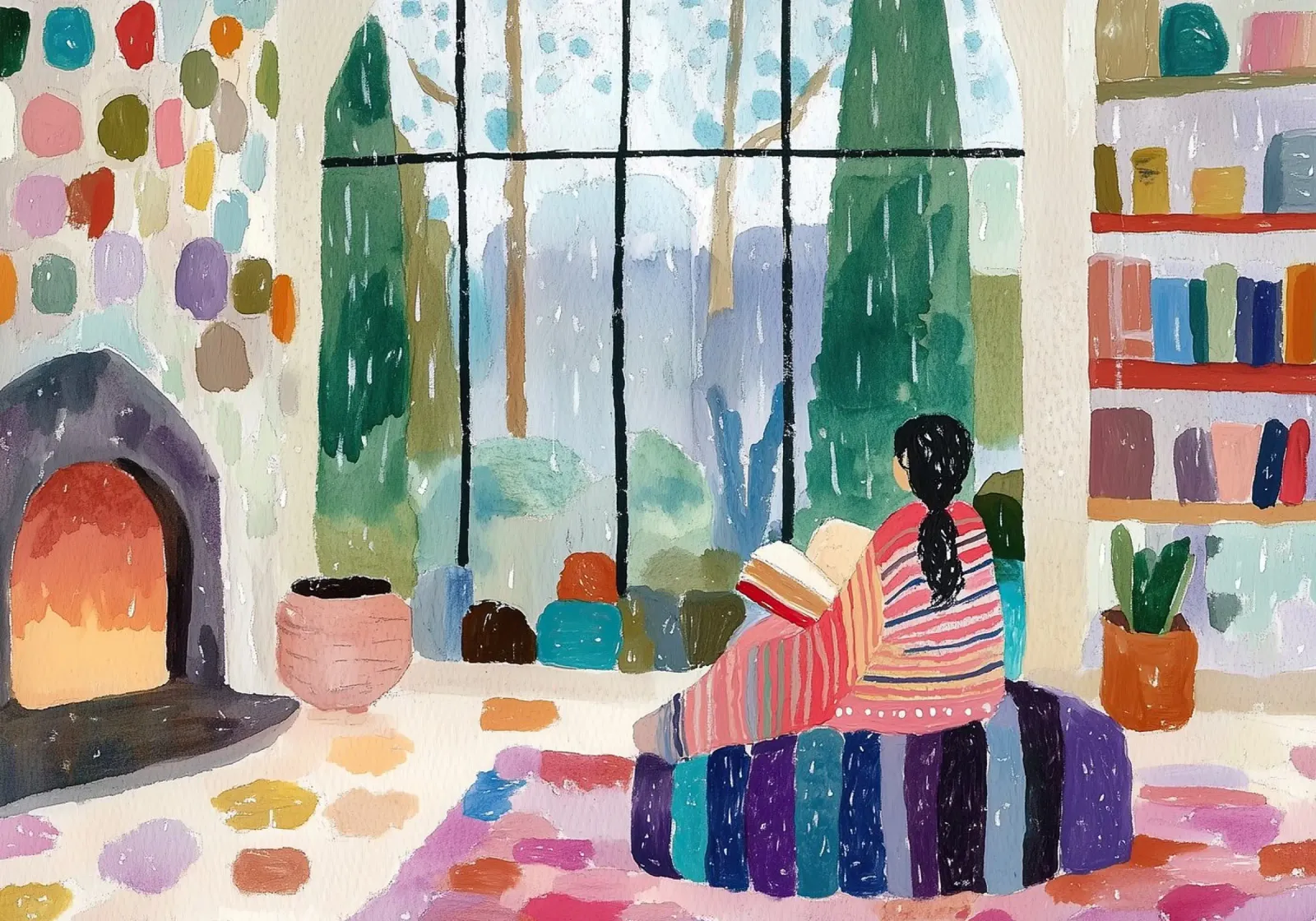 Hygge Hut Gezellig: Abstracte open haard & kleurrijke stippendecoratie canvas van dawnthesea