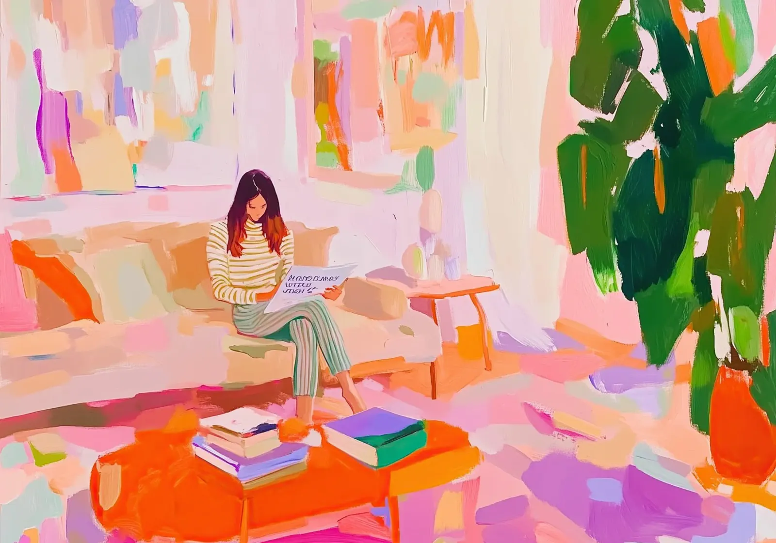 Étude rose vif : Femme expressionniste abstraite et lecture hahnemühle de dawnthesea