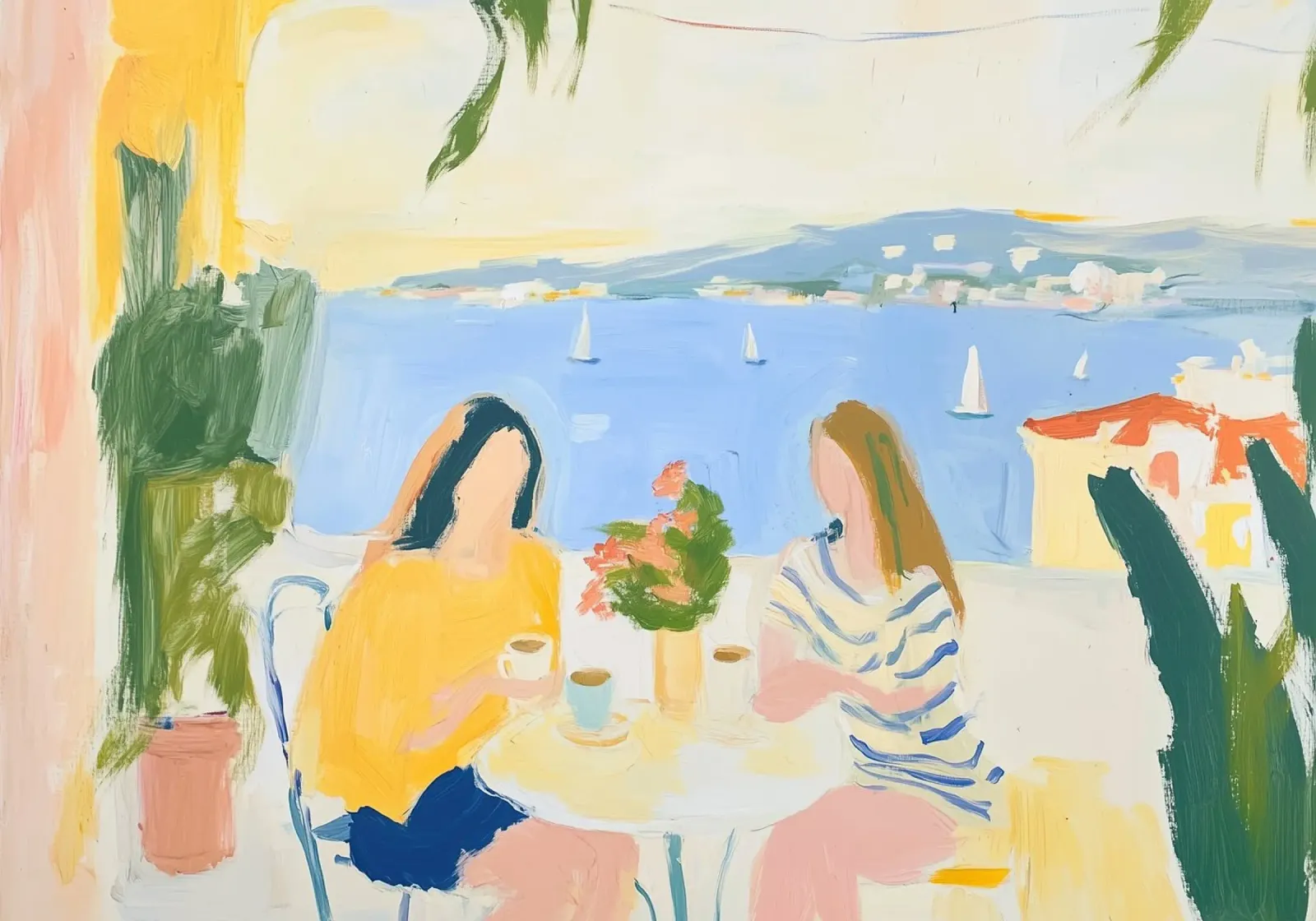 Kustcafé Meetup: Abstract Geel & Blauw Zeekust Brunch canvas van dawnthesea