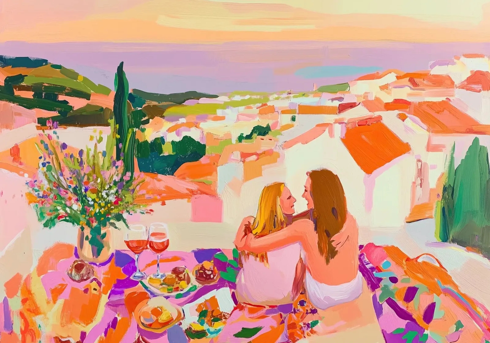 Abbraccio al tramonto: Picnic in terrazza rosa e arancione Astratto plexiglass da dawnthesea