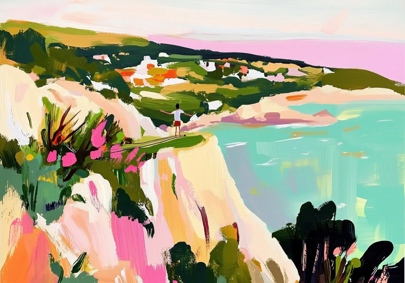 Titolo :Cliff Edge Adventure: Espressioni costiere rosa e turchesi alluminio dibond da dawnthesea