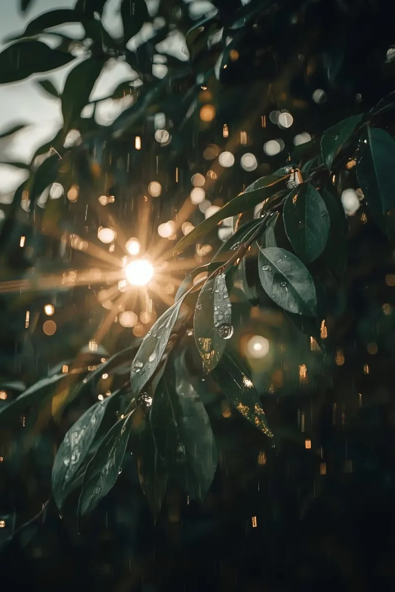 Luce solare e pioggia sulle foglie verde scuro alluminio dibond da DesignDoodle
