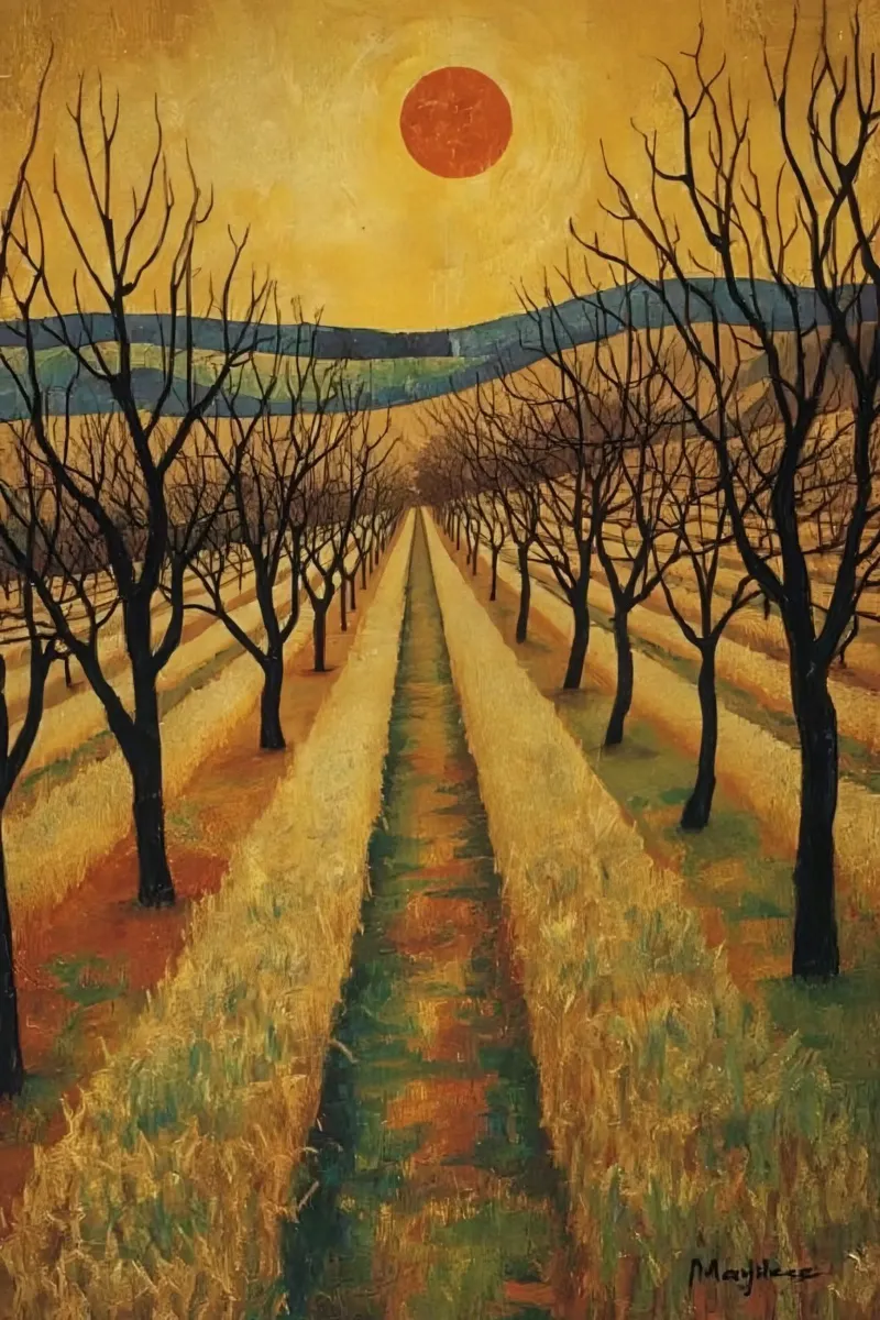 Treelined pathway with red sun over fields and bare trees alu-dibond by DesignDoodle